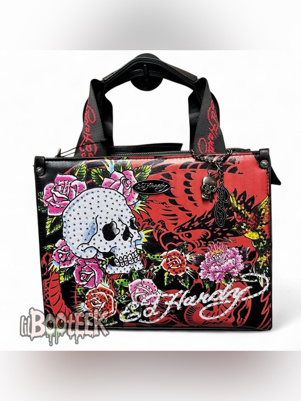 Ed Hardy Black Red Skull Roses Tattoo Print Tote w Bag Charm NWT VIRAL Y2K